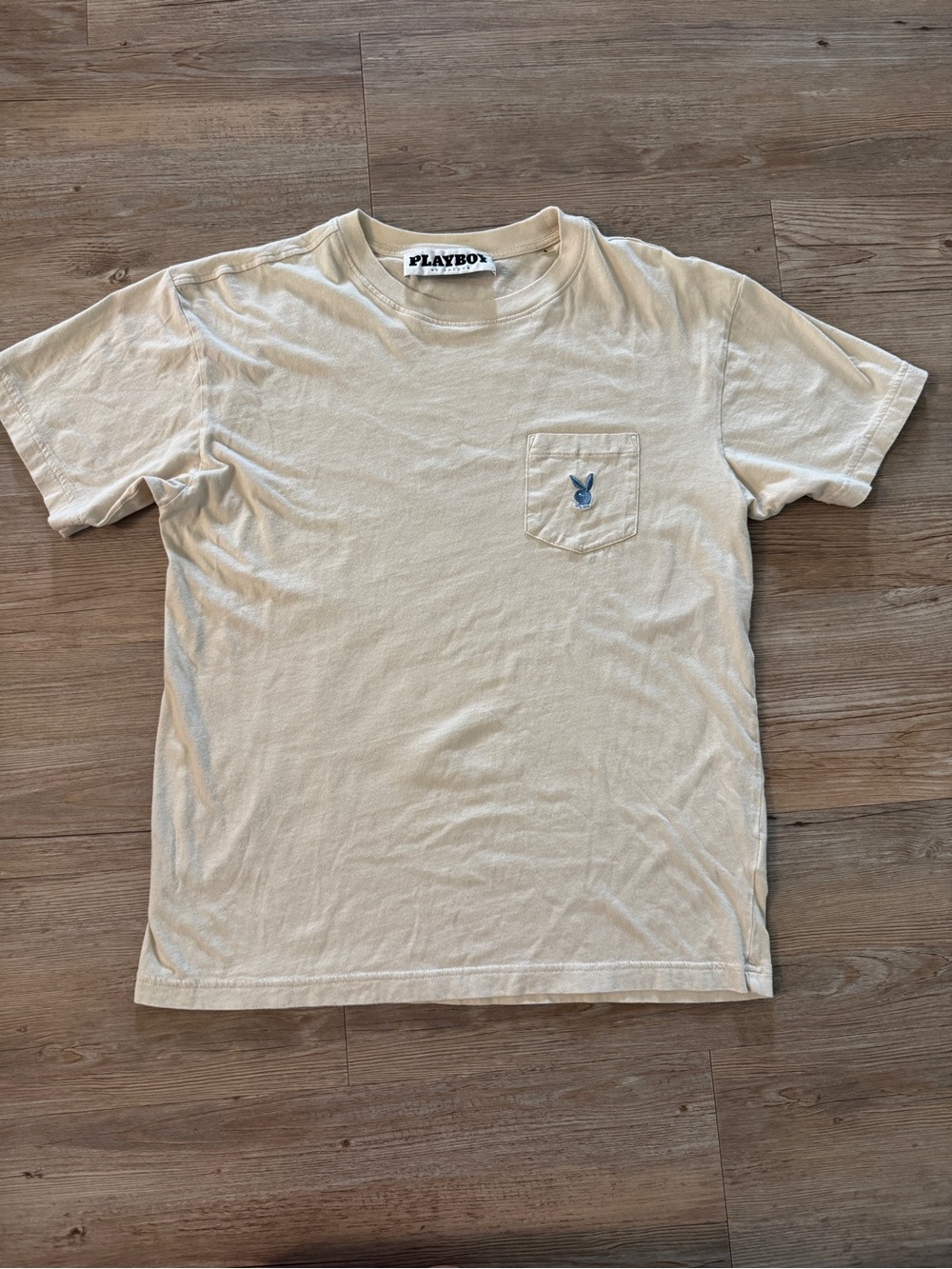 PLAYBOY Cream Short-Sleeve Pocket Tee with Blue Bunny Patch Men’s Small